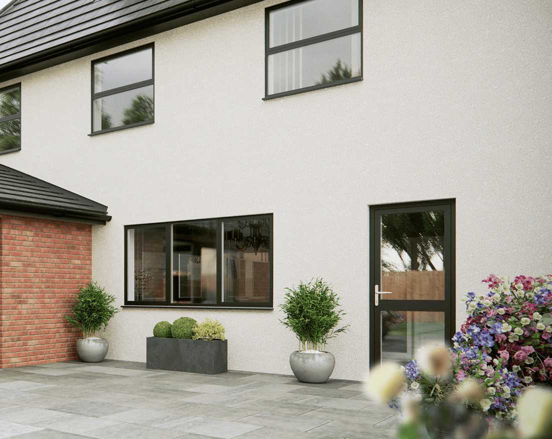 Modern home exterior featuring evoke flush aluminium windows with slim black frames